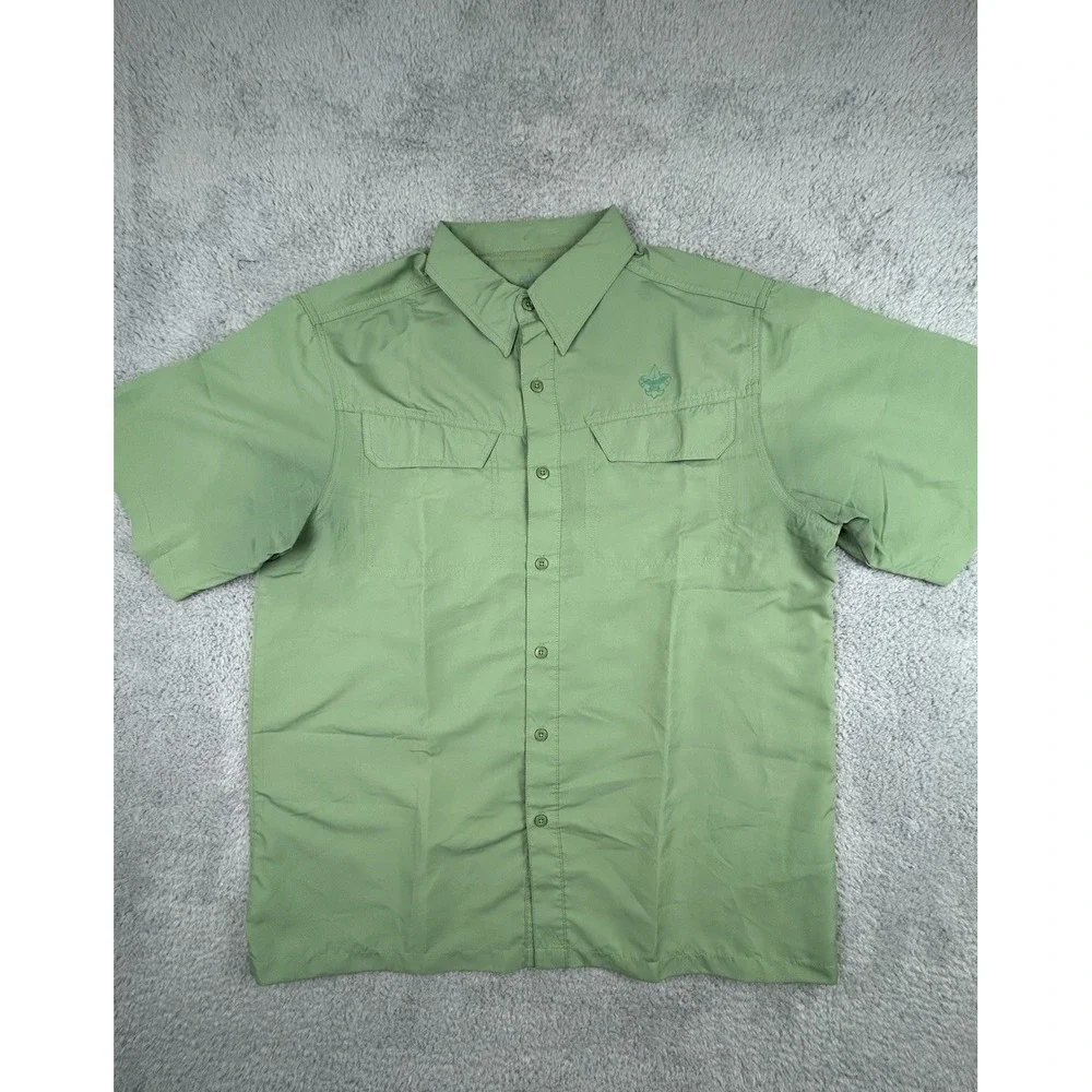 Boy Scouts Polyester Vented Button Collared Shirt Green Short Sleeve Mens Large